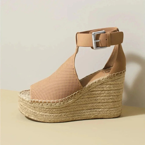 Marc Fisher Annie Perforated Espadrille Platform Wedge Sandals Brown Tan Size 8M - Picture 1 of 9